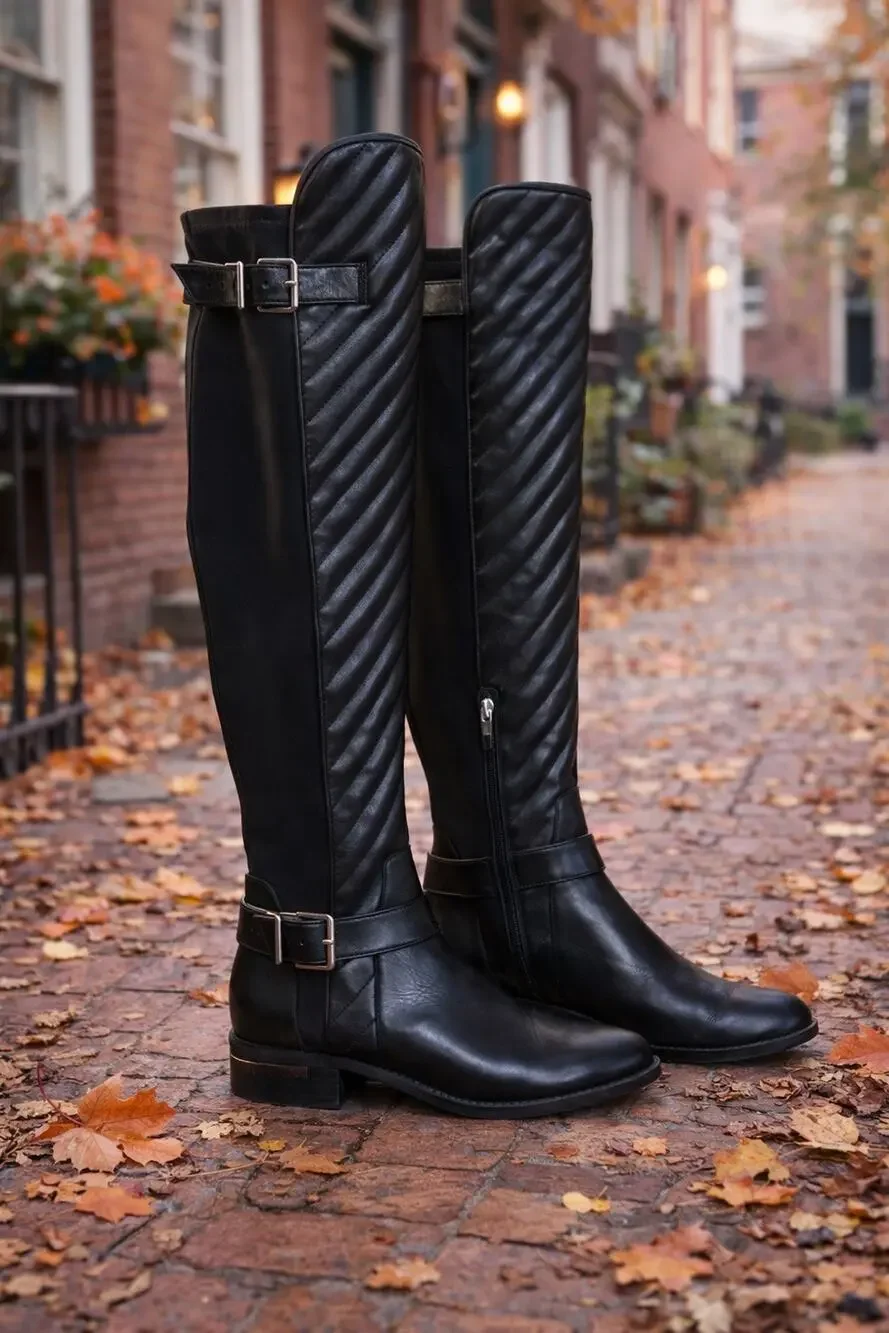 Vince Camuto Panyma Black Quilted Leather Riding Boots Women’s 6.5 Casual Chic